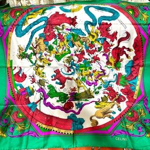 CELINE ❤️🌟COLORFUL MYTHICAL SILK SCARF W/ HAND-ROLLED EDGES ⭐️